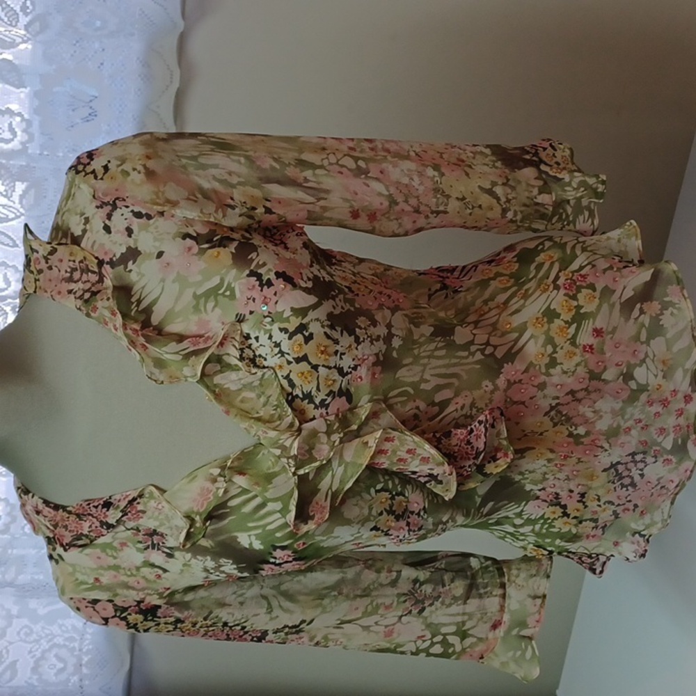 100% Silk Floral Ruffle Blouse - Green and Pink Size S